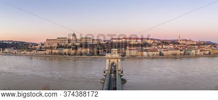 Panoramic Aerial Drone Shot Of Buda Castle On Buda Hill Before Budapest Sunrise