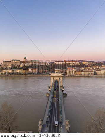 Aerial Drone Shot Of Chain Bridge Before Buda Castle Before Budapest Sunrise