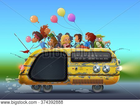 Back To School Illustration With Kids In Yellow Bus As Radio Drawing Art In Vector. Students And Chi