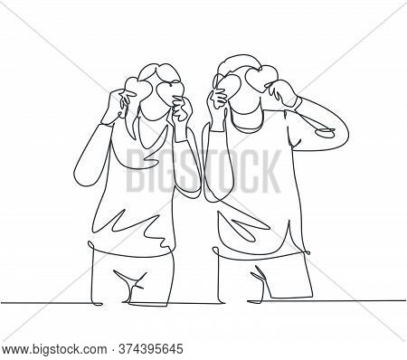 One Single Line Drawing Of Young Happy Husband And Wife Couple Holding Heart Shape Paper And Cover T