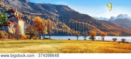 Fantastic Autumn View Of Crap Da Sass Castle On Silvaplana Lake. Location: Silvaplana, Maloya Distri