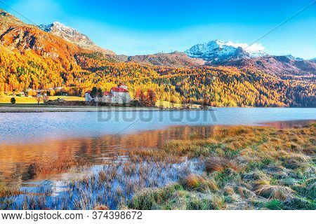 Fantastic Autumn View Of Crap Da Sass Castle On Silvaplana Lake. Location: Silvaplana, Maloya Distri