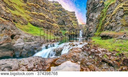 Astonishing View Of  Kolugljufur Canyon And Kolufossar Falls. Kolugljufur Gorge Is Located On River 
