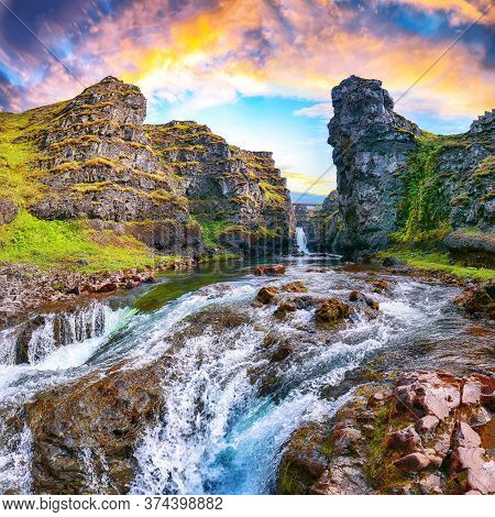 Spectacular View Of  Kolugljufur Canyon And Kolufossar Falls. Kolugljufur Gorge Is Located On River 