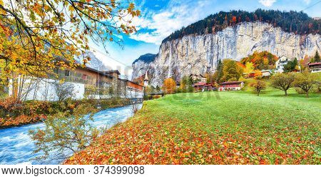 Astonishing Autumn View Of Lauterbrunnen Valley With Gorgeous Staubbach Waterfall And Swiss Alps In 