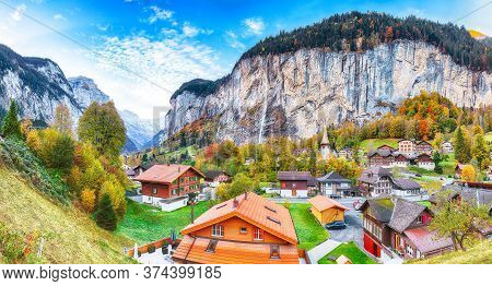 Astonishing Autumn View Of Lauterbrunnen Valley With Gorgeous Staubbach Waterfall And Swiss Alps In 