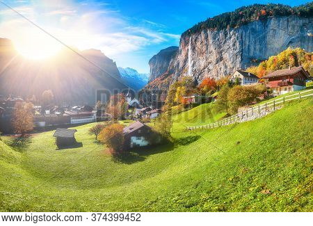 Astonishing Autumn View Of Lauterbrunnen Valley With Gorgeous Staubbach Waterfall And Swiss Alps In 