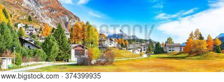 Awesome Autumn Scene In Maloja Village  On The Shore Of Sils Lake(silsersee). Location: Maloya, Enga