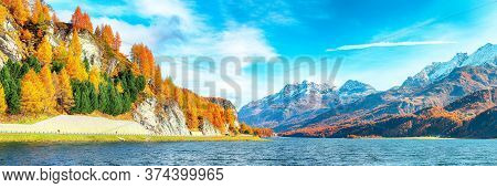 Stunning Autumn Scene In Swiss Alps And Views Of Sils Lake (silsersee). Colorful Autumn Scene Of Swi