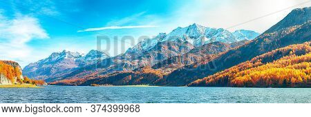 Stunning Autumn Scene In Swiss Alps And Views Of Sils Lake (silsersee). Colorful Autumn Scene Of Swi