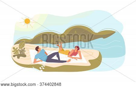 Couple Or Friends At Picnic. Young Smiling Man And Woman Are Talking On The Beach. Cute Funny People