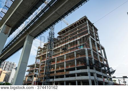 Highrise Construction Site At Brickell Miami Near Elevated Metrorail Tram Tracks