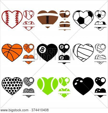 Bundle Of Sports Hearts, Baseball, American Football, Gridiron, Basketball, Billiard, Pool, Volleyba