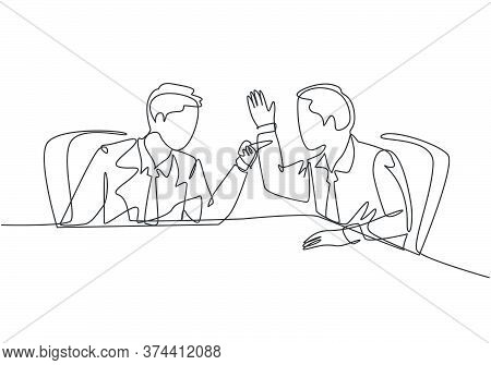 One Single Line Drawing Of Young Angry Businessman Pointing Finger To His Shouting Colleague Then Th