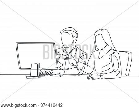 Single Continuous Line Drawing Of Two Young Serious Male And Female Worker Watching Sales Chart On C