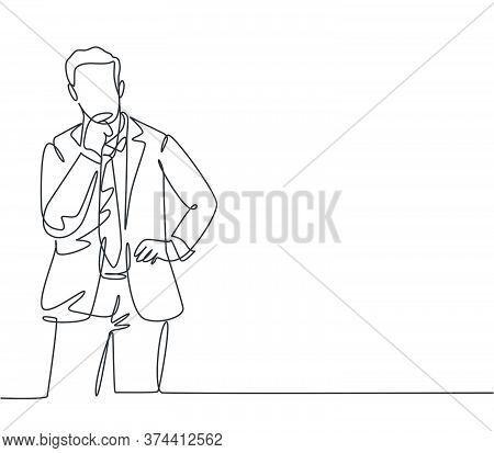 One Single Line Drawing Of Young Startup Founder Standing And Thinking About Business Strategy For O
