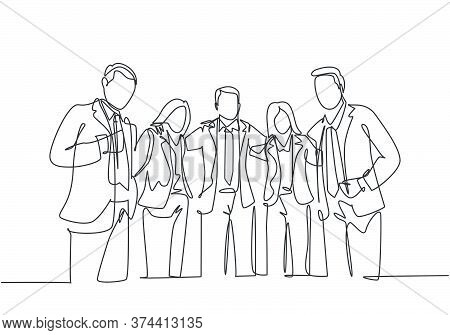 One Continuous Line Drawing Of Young Male And Female Business People From Multi Ethnic Standing Toge