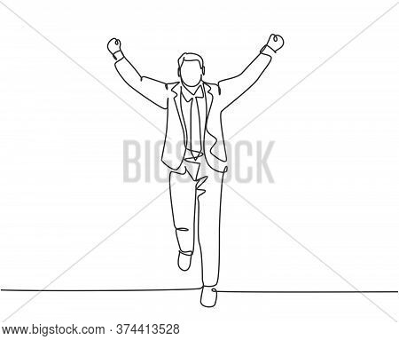 Single Continuous Single Line Drawing Of Young Happy Male Manager Running And Open His Hands After C