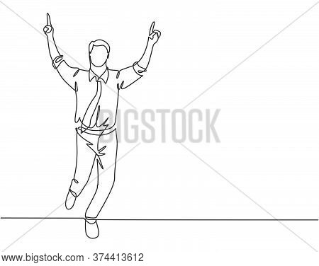 One Continuous Single Line Drawing Of Young Happy Businessman Pointing His Finger To The Air After R