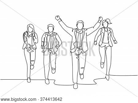 One Continuous Single Line Drawing Of Young Happy Male Manager Rise Fist To The Air After Winning Cr