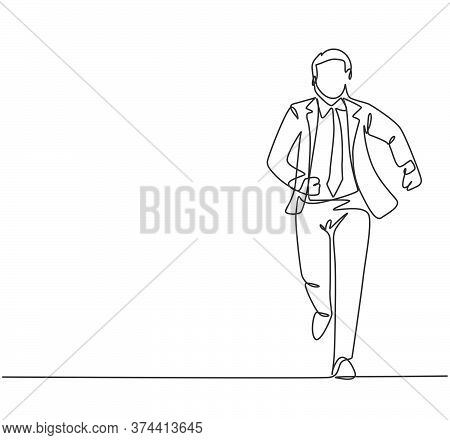 One Continuous Single Line Drawing Of Young Male Manager Join Run Competition On Running Track To Re