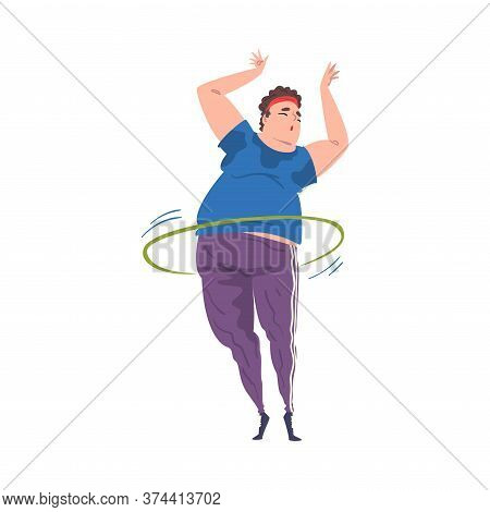 Fat Man Twirling Hula Hoop Around Her Waist, Weight Loss Process, Young Overweight Man Getting Fit C