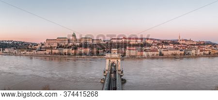 Panoramic Aerial Drone Shot Of Buda Castle On Buda Hill Before Budapest Sunrise