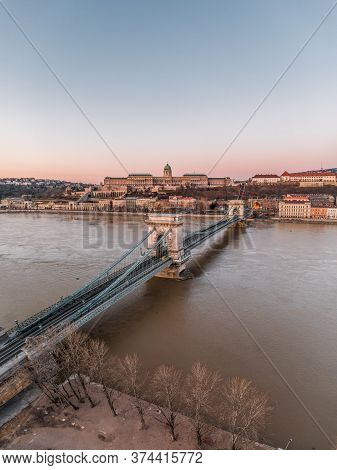 Aerial Drone Shot Of Chain Bridge Before Buda Castle Before Budapest Sunrise