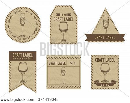 Craft Labels Vintage Design With Illustration Of Glass Of Champagne, Glass Of Wine Stock Illustratio