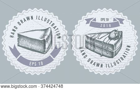 Monochrome Labels Design With Illustration Of Cheesecake, Cake Stock Illustration