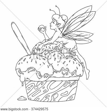 Beautiful Fairy Lies On Balls Of Ice Cream. Outline Black And White Art. Food Art, Summer Refreshing