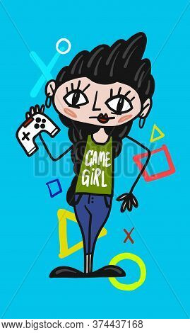 Game Girl. Happy Girl With Console. Colorful Vector Illustration.