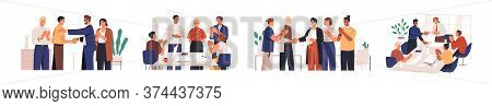 Set Of Diverse Team Congratulates Colleague Vector Flat Illustration. Collection Of People Celebrate
