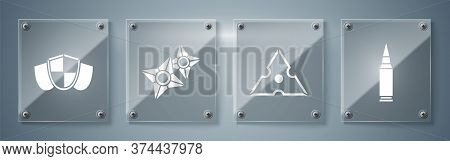 Set Bullet, Japanese Ninja Shuriken, Japanese Ninja Shuriken And Shield. Square Glass Panels. Vector