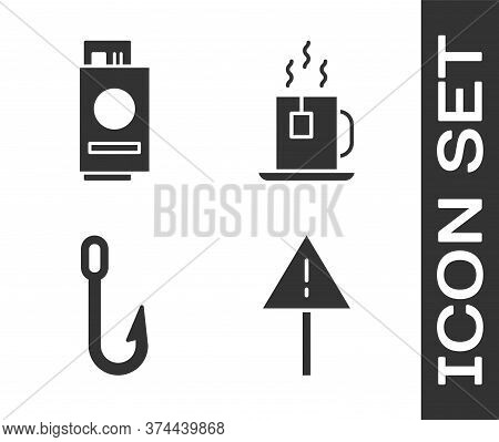 Set Exclamation Mark In Triangle, Passport With Ticket, Fishing Hook And Cup Of Tea With Tea Bag Ico
