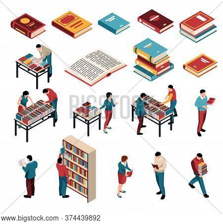 Isometric Book Fair Exhibition Festival Set With Characters Of Library Workers Visitors And Icons Of