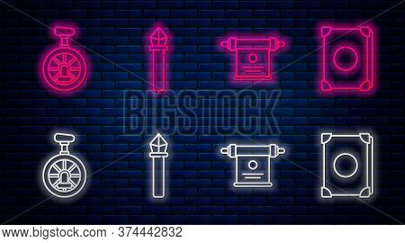Set Line Magic Staff, Magic Scroll, Unicycle Or One Wheel Bicycle And Ancient Magic Book. Glowing Ne