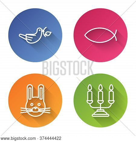 Set Line Peace Dove With Olive Branch, Christian Fish, Easter Rabbit And Candelabrum With Candlestic