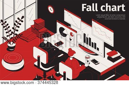 Fall Chart Isometric Background Composition With Office Scenery And Workers Watching Stock Graphs On