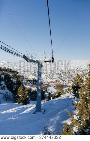 Cable Car Of Beldersay Ski Resort In The Mountains Of Uzbekistan In Winter