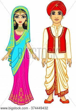 Asian Beauty. Animation Indian Family In Traditional Clothes. Young Man And Woman. Fairy Tale Charac