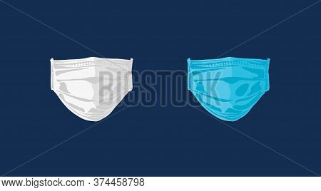 Set Of Medical Protective Masks, Blue And White Color On Navy Background, Editable Vector. Protectio