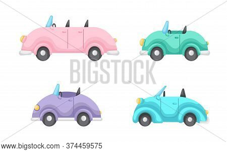 Collection Of Cute Cartoon Baby's Cars Isolated On White Background. Set Of Different Models Of Cars