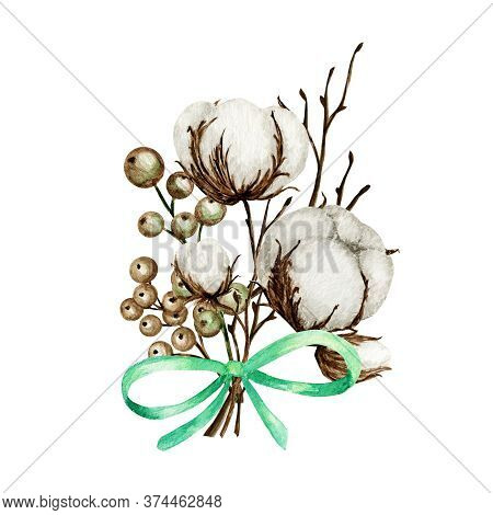 Watercolor Cotton Bouquet. Botanical Hand Drawn Eco Wedding Card Illustration. Cotton Flowers Buds B
