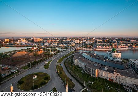 Sunrise Top View To Center Of Yoshkar-ola City And Kokshaga River Embankment. City  Wakes Up. Yoshka
