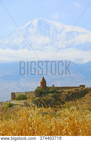 Fantastic View Of Khor Virap Monastery With Snow Covered Ararat Mountain In The Backdrop, Archaeolog