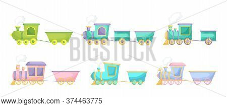 Collection Of Cute Cartoon Baby's Trains Isolated On White Background. Set Of Different Models Of Tr