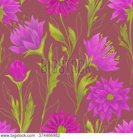 Beautiful Seamless Pattern Whis Violet Dahlia.botanical Illustration. Fabric, Textile Design.
