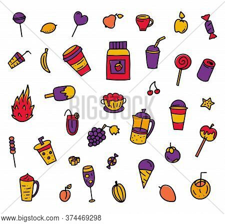 Multicolored Set Of Hand Drawn Elements For Summer Cafe Menu, Vector Stock Illustration, Colored Doo