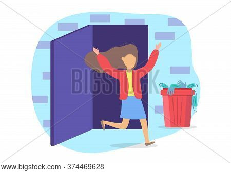 Quarantine Over Concept. Victory Over Coronavirus Pandemic. Lockdown Ending. Happy Girl Runs Out The